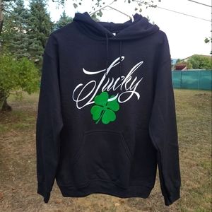 Black Hooded Sweatshirt White Lucky Irish Graphic Green Four Leaf Clover - small